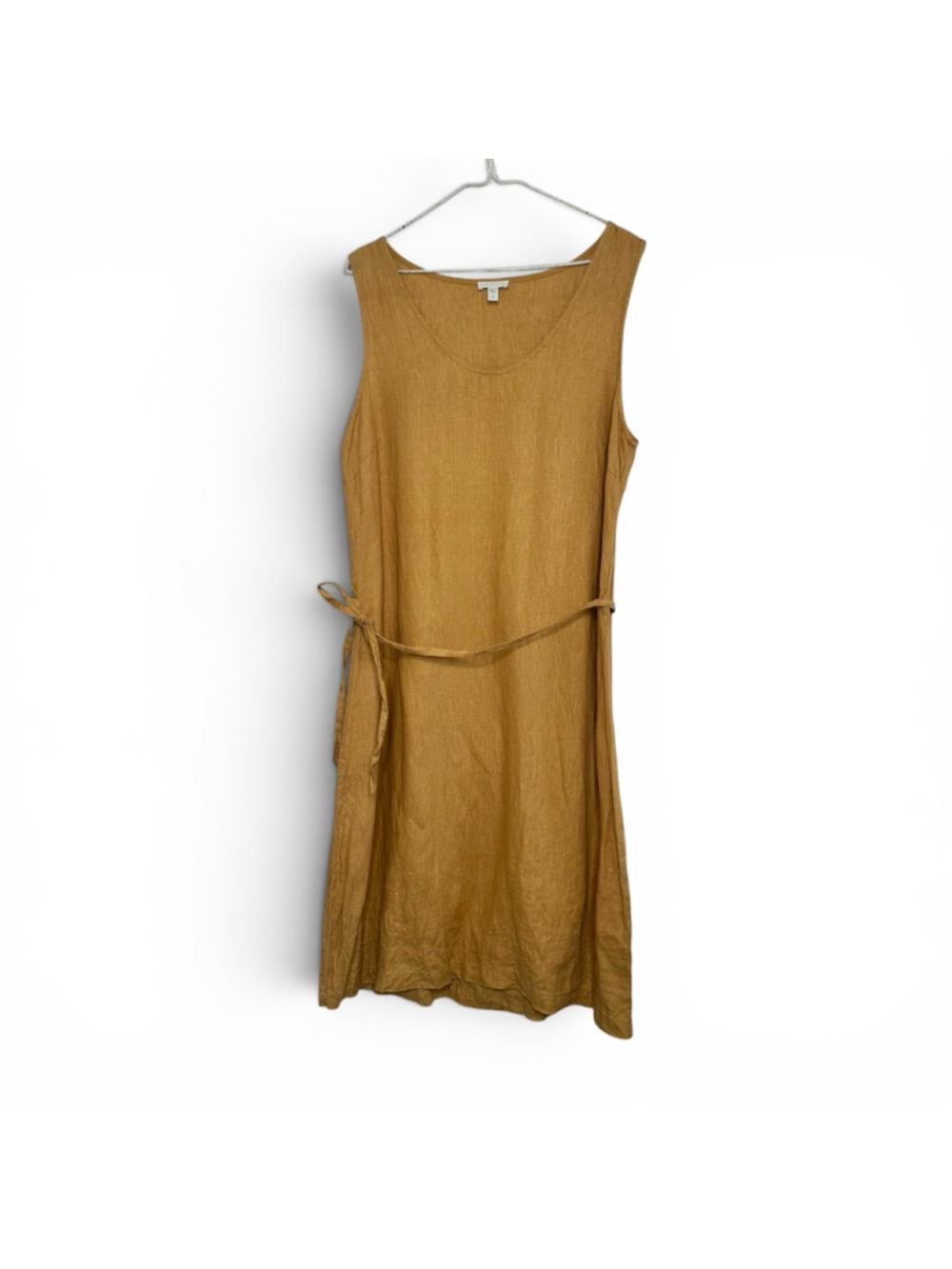 Mustard Yellow Linen Sleeveless Midi Dress Minimalist Tie Waist